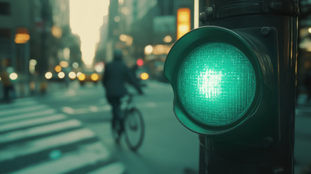 A green traffic light shines in an urban setting at dusk, with a blurred cyclist in the background, emphasizing the movement and liveliness of the city.の素材