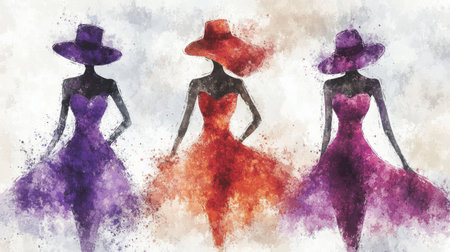 This artistic watercolor illustration showcases three elegant women in vibrant dresses and stylish hats, embodying grace and modern fashion.の素材