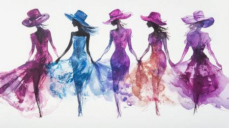 This vibrant watercolor artwork features elegant women in flowing dresses and stylish hats. The dynamic colors and graceful forms evoke a sense of fashion and beauty.の素材