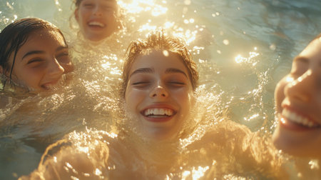 Four friends share joyful moments in sparkling summer waters, capturing the essence of laughter and connection amidst radiant sunlight and carefree play.の素材