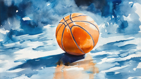 A vibrant watercolor illustration of an orange basketball set against a blue background. The dynamic colors and reflections create an energetic feel, ideal for sports themes.の素材