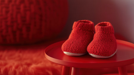 Soft and cozy red knitted baby booties placed on a matching red table. Perfect for capturing the warmth and charm of a child's room or nursery.の素材