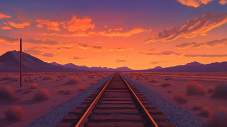 A tranquil scene featuring train tracks stretching into a vibrant sunset. This landscape highlights the calm beauty of nature with mountains and colorful skies.の素材