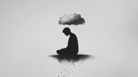 This artwork depicts a silhouette of a person in deep reflection, complemented by a cloud raining above, capturing emotions of sadness and introspection.の素材