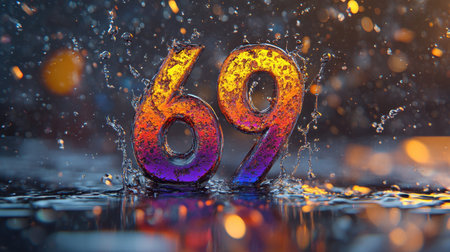 A vibrant splash of the number sixty-nine in water creates an eye-catching visual. Colorful reflections and droplets add playful energy to the composition.の素材