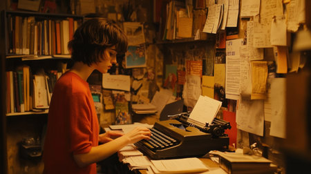 A young woman engages in writing on a vintage typewriter amidst a cozy, cluttered workspace filled with notes and documents, capturing creativity and inspiration.の素材