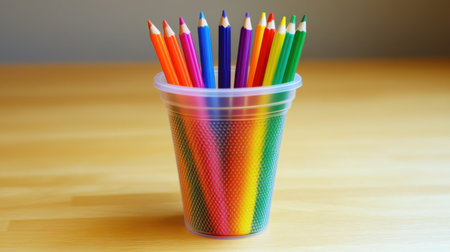 A vibrant cup filled with colorful pencils sits on a wooden surface, creating an inviting atmosphere perfect for art and creativity. Ideal for educational themes.の素材