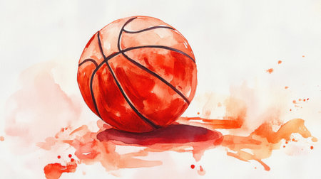 A vibrant watercolor illustration of a basketball, showcasing its lively orange color and playful splashes. Perfect for sports-themed designs or artwork.の素材