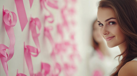 A cheerful young woman smiles by a decorated wall with pink ribbons, symbolizing hope and awareness. The vibrant atmosphere radiates positivity and support.の素材