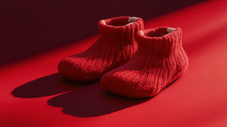 Soft red baby booties resting on a vibrant background, showcasing a cozy design. Perfect for children's fashion or cozy home themes.の素材