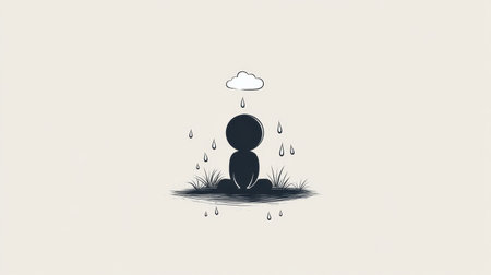 This illustration features a sad character sitting under a cloud, capturing a moment of solitude and emotion amidst falling rain. Perfect for creative projects.の素材