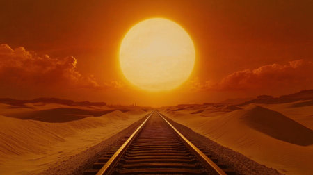 A stunning view of a sunset illuminating train tracks through a serene desert landscape, capturing the essence of adventure and tranquility in nature.の素材