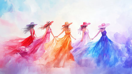 This vibrant illustration features five women in flowing dresses, each adorned with a stylish hat, representing unity and elegance in colorful motion.の素材
