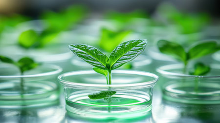 Lush green seedlings emerge in petri dishes, symbolizing growth and innovation. This image portrays a clean laboratory setting, ideal for research purposes.の素材