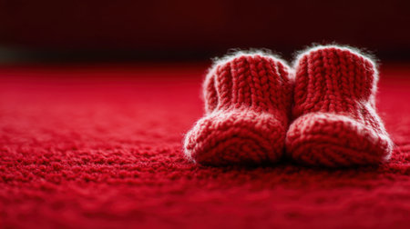 A pair of cozy red knitted baby booties resting on a soft surface. Perfect for capturing the essence of warmth, comfort, and sweet childhood moments.の素材