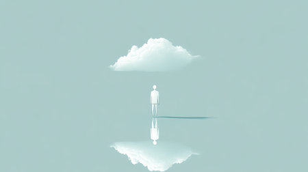 A solitary figure stands beneath a soft cloud, surrounded by a tranquil landscape. The reflection evokes themes of solitude and deep contemplation.の素材