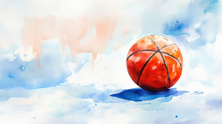 A vibrant watercolor painting of an orange basketball resting on a soft blue background, symbolizing sport and creativity, perfect for art enthusiasts.の素材