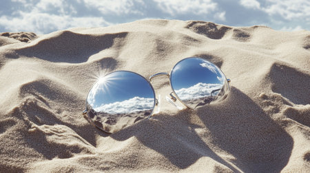 A pair of stylish sunglasses rests on warm sand, reflecting clouds and sunlight. This serene beach scene captures the essence of summer relaxation and outdoor beauty.の素材