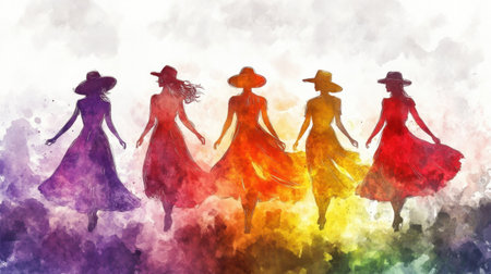 A vibrant watercolor illustration of women dancing gracefully in colorful dresses, embodying joy and celebration in a lively outdoor setting.の素材