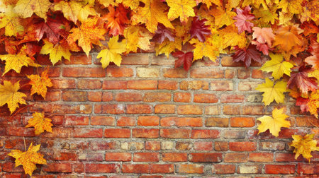 A beautiful arrangement of vibrant autumn leaves contrasting with a rustic brick wall, perfect for seasonal themes and nature-inspired designs.の素材