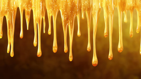 Close-up of golden honey dripping in slow motion, shimmering as it falls against a soft gradient backgroundの素材