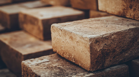 Close-up of stacked sandstone blocks, textured surfaces in warm earthy tones creating a rustic aestheticの素材