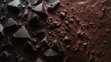 Close-up of dark chocolate pieces and crumbs scattered on a rustic surface, rich textures and deep tonesの素材