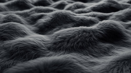 Close-up of soft, realistic dark grey fur, emphasizing fluffy natural hair textures for cozy settingsの素材