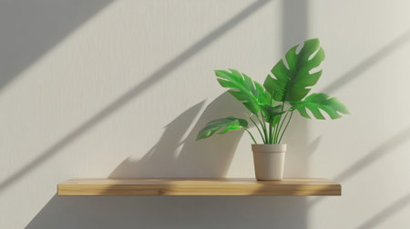 Elegant minimalist interior featuring a wooden shelf and vibrant green plant against a pristine white wallの素材