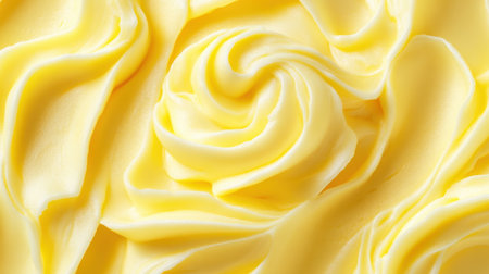 Close-up of elegant yellow cream folds, glossy texture creating a soft and smooth backgroundの素材