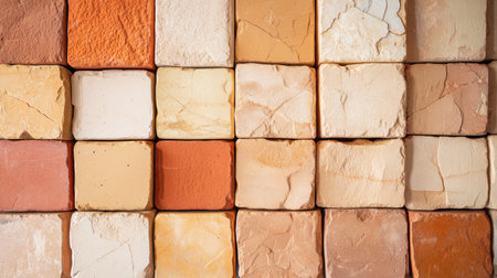 Earthy sandstone blocks in warm orange and beige hues, stacked neatly for construction or design ideasの素材