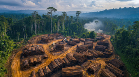 Freshly cut trees piled high in a forest, highlighting the challenges of deforestationの素材