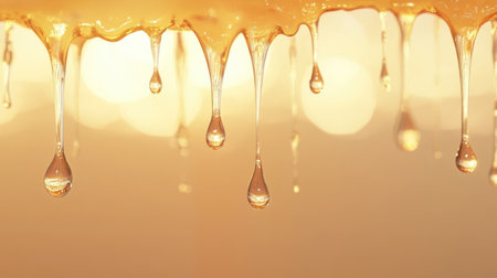 Dripping honey captured mid-fall, its smooth and glossy texture glowing under warm, soft lightingの素材