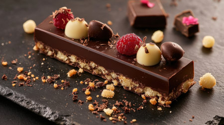 Richly textured dark chocolate pieces and crumbs scattered elegantly, highlighting the indulgent appealの素材