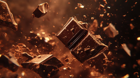 Roughly broken dark chocolate pieces surrounded by scattered crumbs, the richness emphasized in a close-up viewの素材