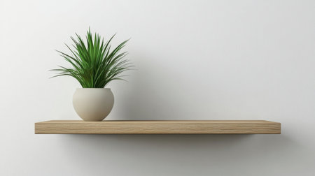 Minimalist green plant in a ceramic pot on a sleek wooden shelf, white wall adding eleganceの素材