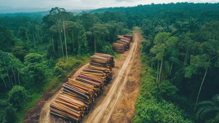 Large stack of cut logs in a forest clearing, highlighting the impact of deforestationの素材