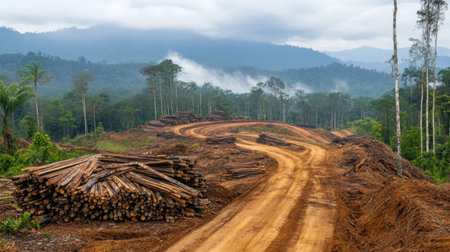 Stacked timber in the middle of a forest, showcasing the result of deforestationの素材