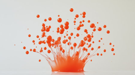 Orange liquid splashes upward in a dynamic burst, droplets suspended mid-air against a clean white backgroundの素材
