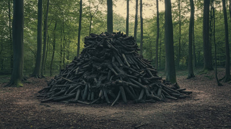Large pile of tree trunks in a forest clearing, symbolizing the consequences of deforestationの素材