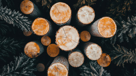 Rows of cut trees stacked for transport, a striking reminder of deforestation impactsの素材