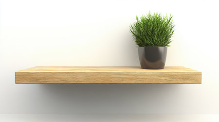 Minimalist wooden shelf with a green potted plant, set against a clean white wall for a modern designの素材
