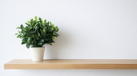 Simple green plant on a wooden shelf, clean white wall complementing the minimalist interior aestheticの素材
