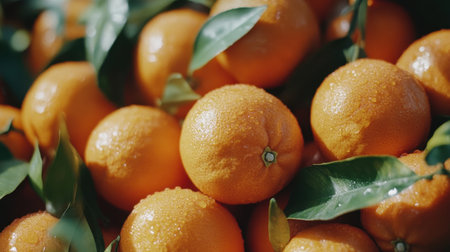 Bright and fresh oranges in a neatly arranged pile, highlighting their natural color and glossy textureの素材