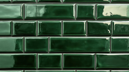 Close-up of shiny dark green subway tiles with a seamless pattern, perfect for sophisticated backgroundsの素材