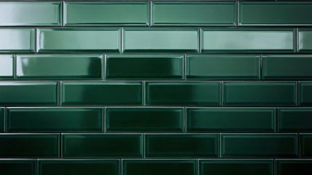 Close-up of shiny dark green subway tiles with a seamless pattern, perfect for sophisticated backgroundsの素材