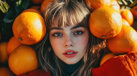 Bright and fresh oranges in a neatly arranged pile, highlighting their natural color and glossy textureの素材