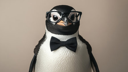 Portrait of a charming penguin wearing glasses and a bowtie, embodying a scholarly look against a neutral background.の素材