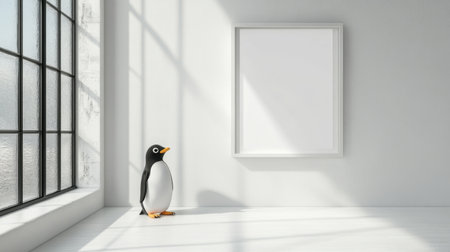 Minimalistic white frame mockup on wall, penguin doll by the frosted window, adding a warm touchの素材