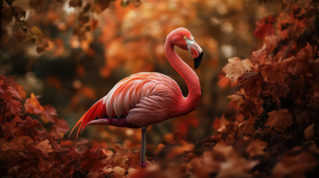 Flamingo surrounded by fall foliage, celebrating the beauty of autumn with a happy pose.の素材
